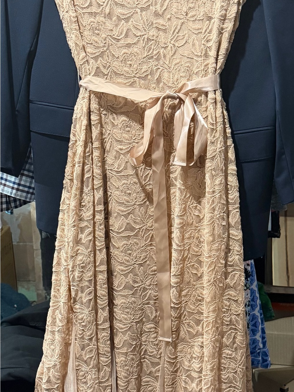 Dark Cream tan Lace Maxi Dress with Satin Waist Tie